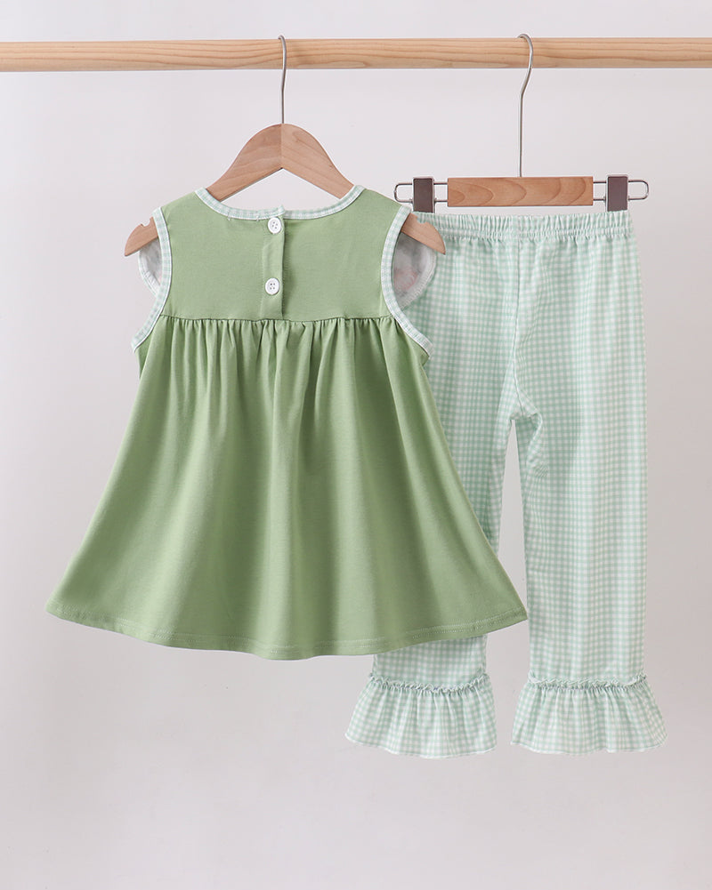 Girls sage sleeveless top with button placket and pumpkin embroidery; gingham ruffle pants