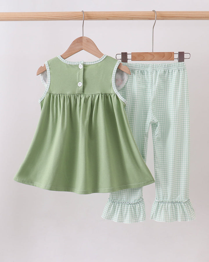 Girls sage sleeveless top with button placket and pumpkin embroidery; gingham ruffle pants