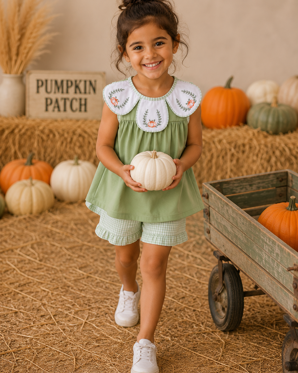 A young girl stands in a fall-themed studio setting holding a small white pumpkin. She is wearing a sage green sleeveless dress with a white Peter Pan collar decorated with orange and green floral embroidery, matching sage green ruffled shorts, and white sneakers.