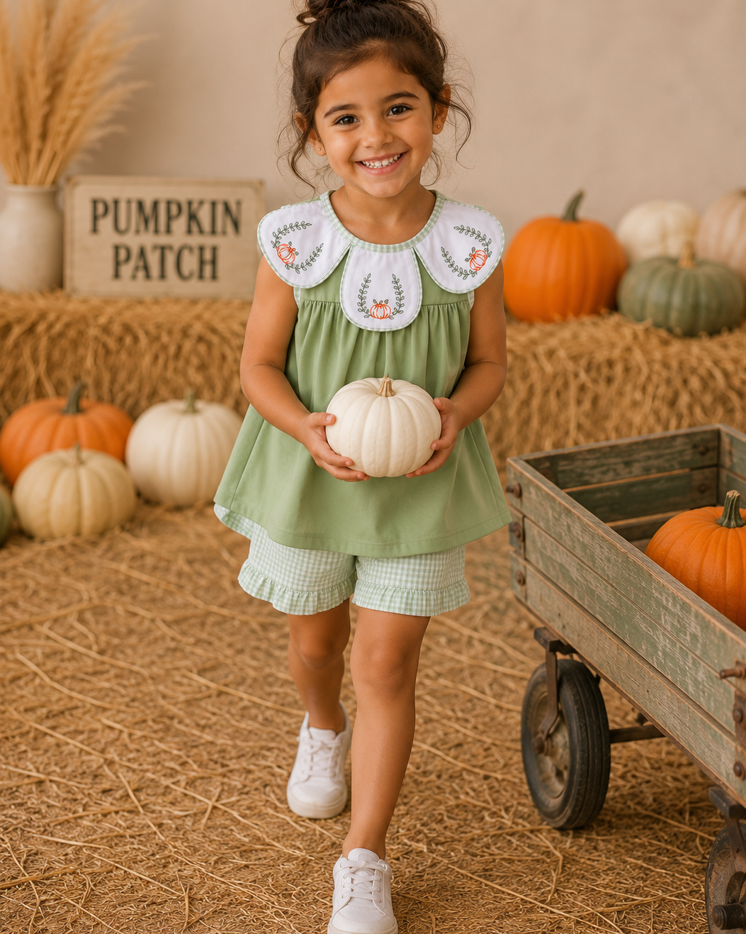 A young girl stands in a fall-themed studio setting holding a small white pumpkin. She is wearing a sage green sleeveless dress with a white Peter Pan collar decorated with orange and green floral embroidery, matching sage green ruffled shorts, and white sneakers.