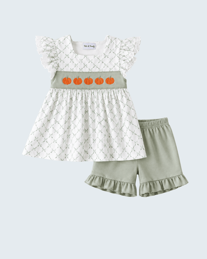 Sage Pumpkin Embroidered Ruffle Shorts Set