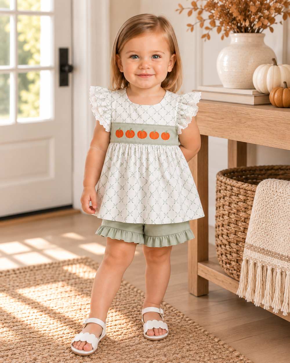 Toddler girl standing in a hallway. She is wearing a cute pumpkin outfit.