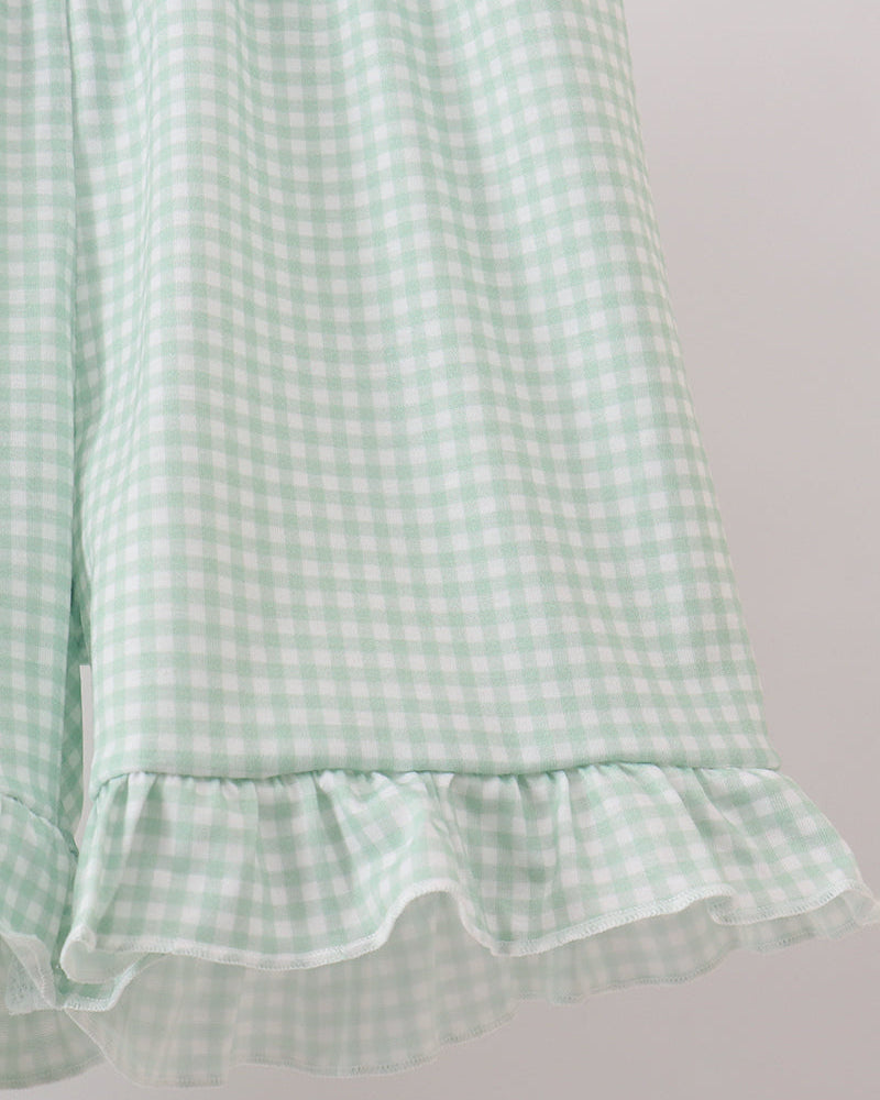 Light sage gingham shorts with ruffled hem