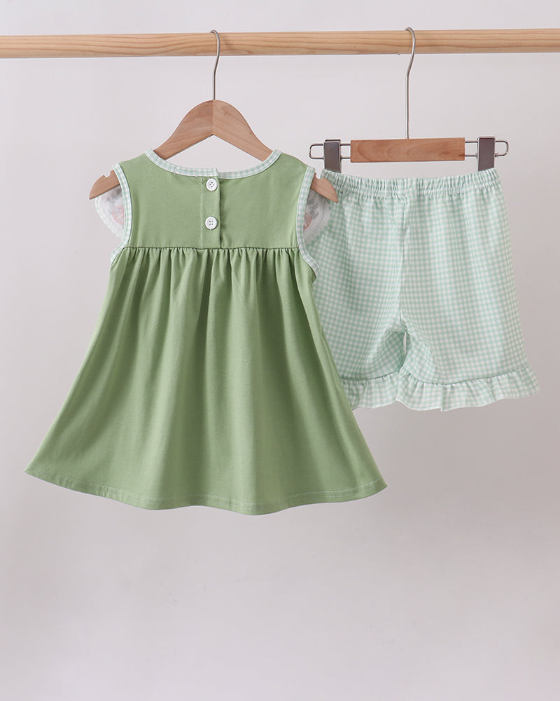 Sage green ruffle top and matching gingham ruffle shorts set, baby