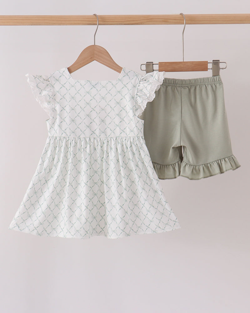 Sage Pumpkin Embroidered Ruffle Shorts Set