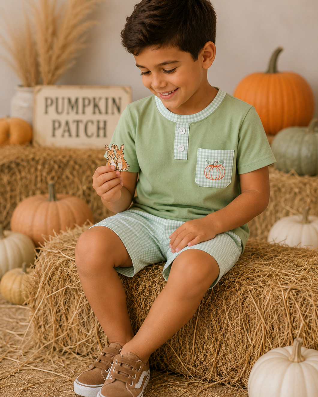 A young boy wearing a sage green short-sleeve t-shirt and matching gingham shorts sits on a hay bale surrounded by pumpkins. He is holding a small decorative item and smiling.