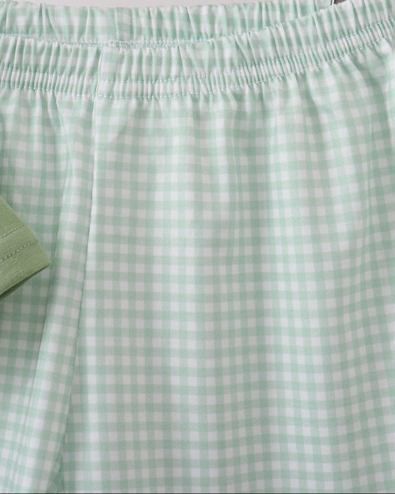 Gingham baby shorts with elastic waist, light green and white plaid