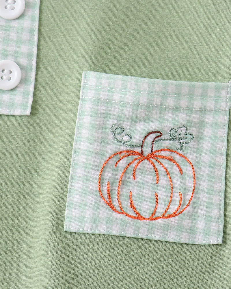 Sage green T-shirt with stitched pumpkin embroidery on check pocket