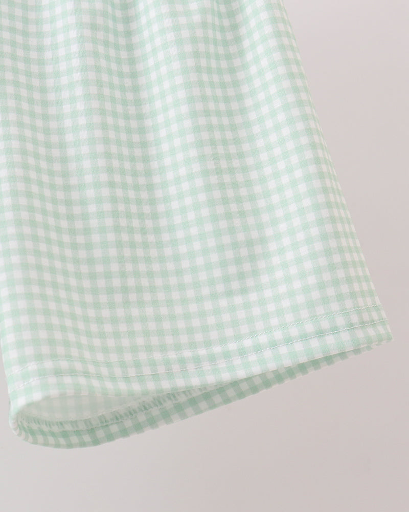 Light green gingham baby shorts with straight hem and gathered waistband