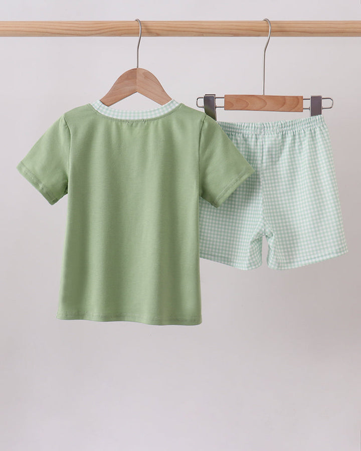 Sage green baby T-shirt and gingham shorts set, both on hangers