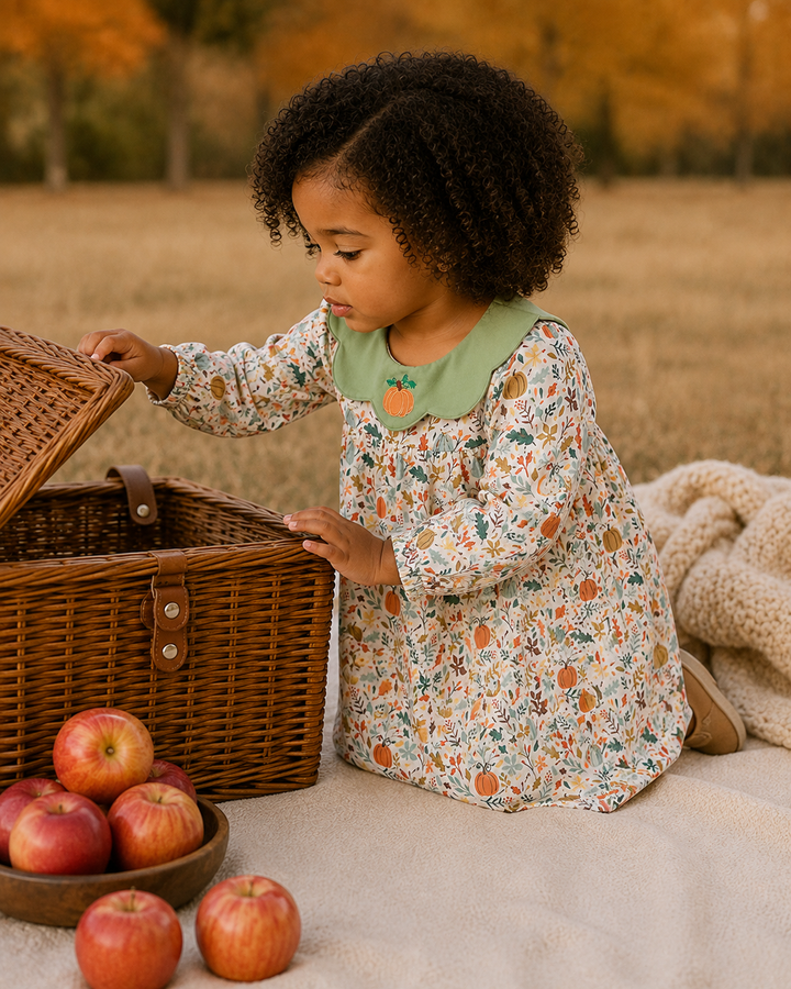 A toddler girl with curly black hair sits on a beige blanket in an outdoor autumn field, opening a brown wicker picnic basket. She is wearing a long-sleeve cream dress with a colorful floral print and a light green collar featuring a small embroidered orange pumpkin.