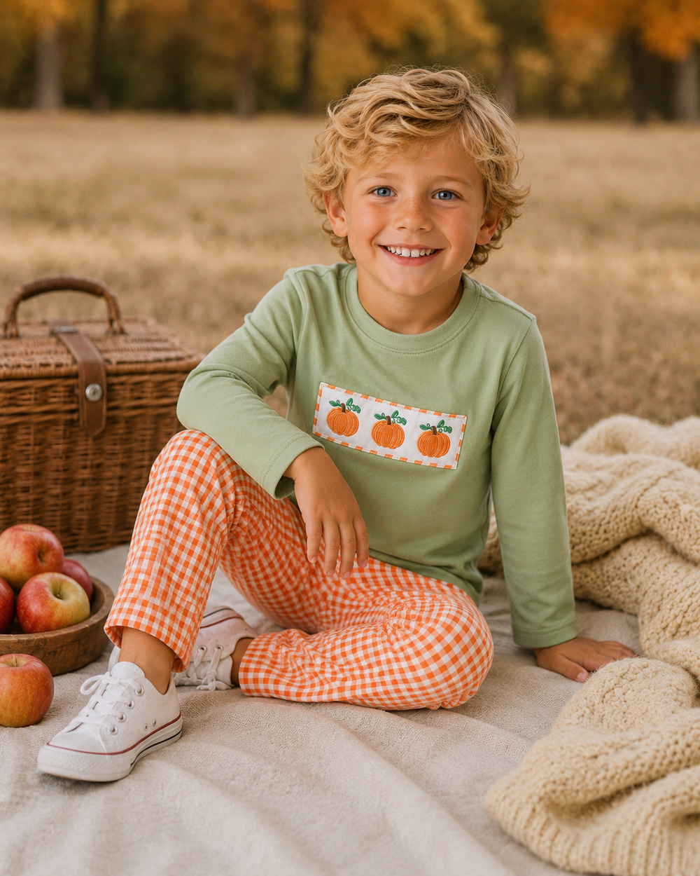 A smiling young boy sits outdoors on a blanket in a park-like setting, wearing a sage green long-sleeve shirt with a pumpkin patch graphic and orange-and-white gingham pants. A wicker picnic basket, apples, and a chunky knit throw are visible around him.