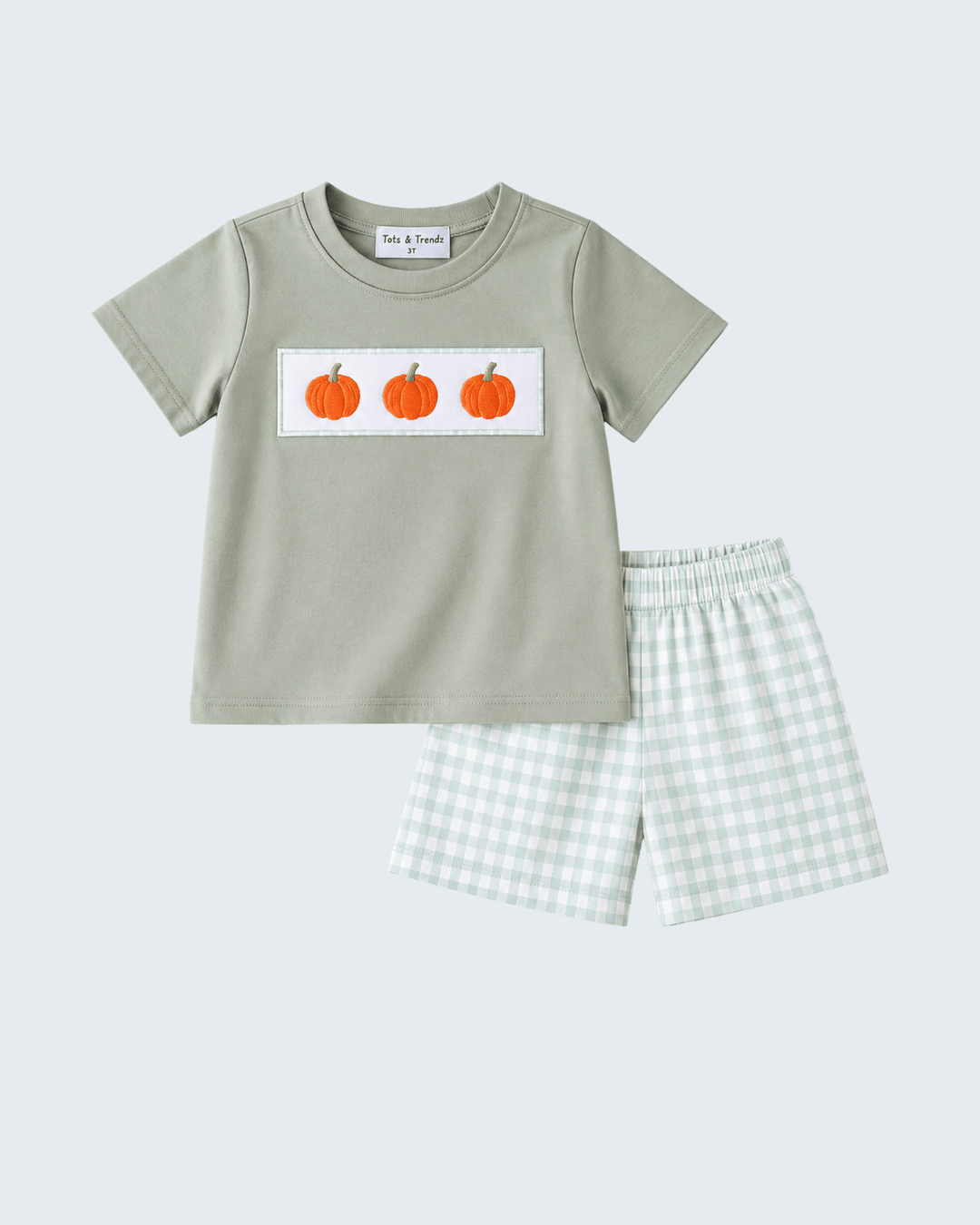 Sage Pumpkin Embroidery Gingham Shorts Set