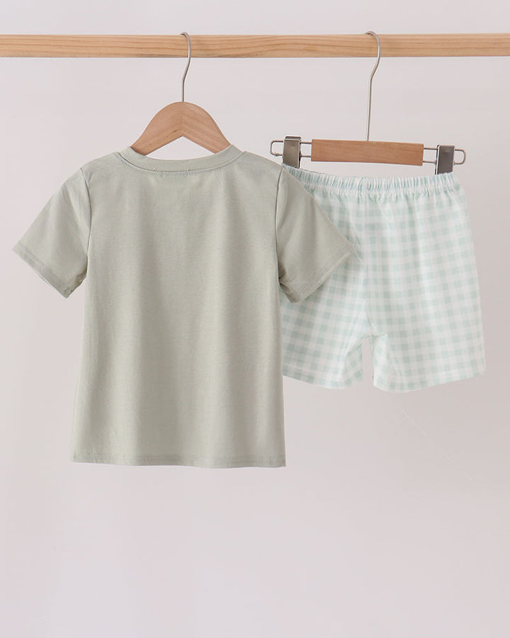 Sage Pumpkin Embroidery Gingham Shorts Set