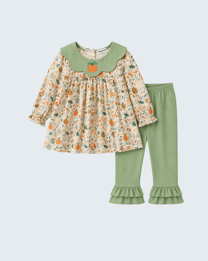 Sage Pumpkin &amp; Leaves Ruffle Pants Set