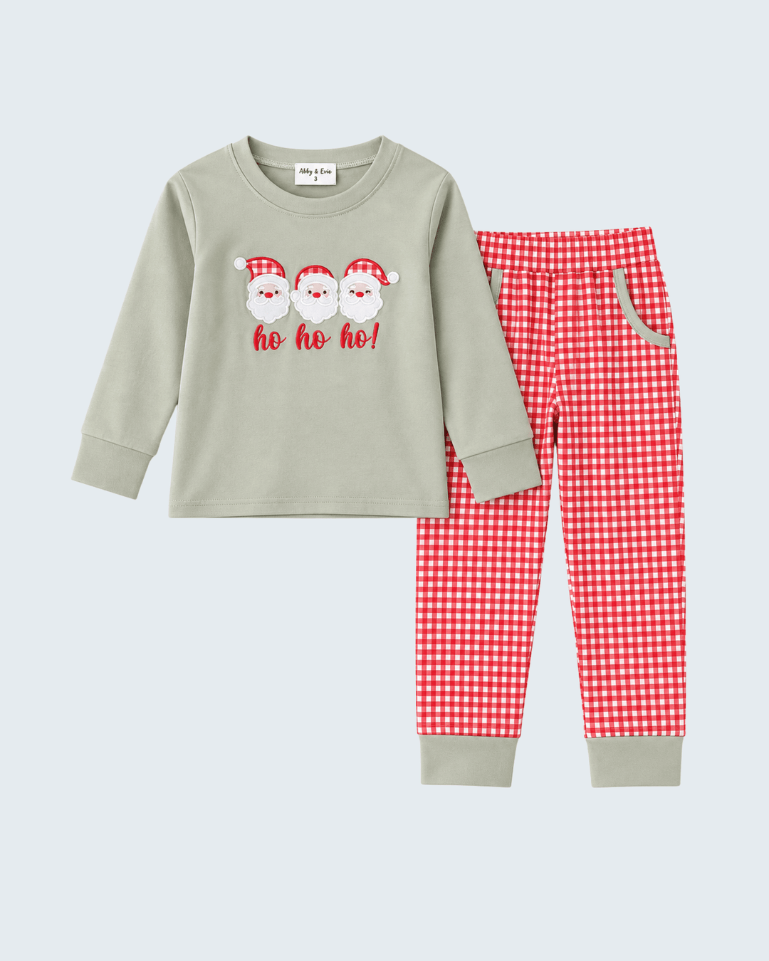 Kids sage Santa shirt with red “ho ho ho” and red gingham pants set