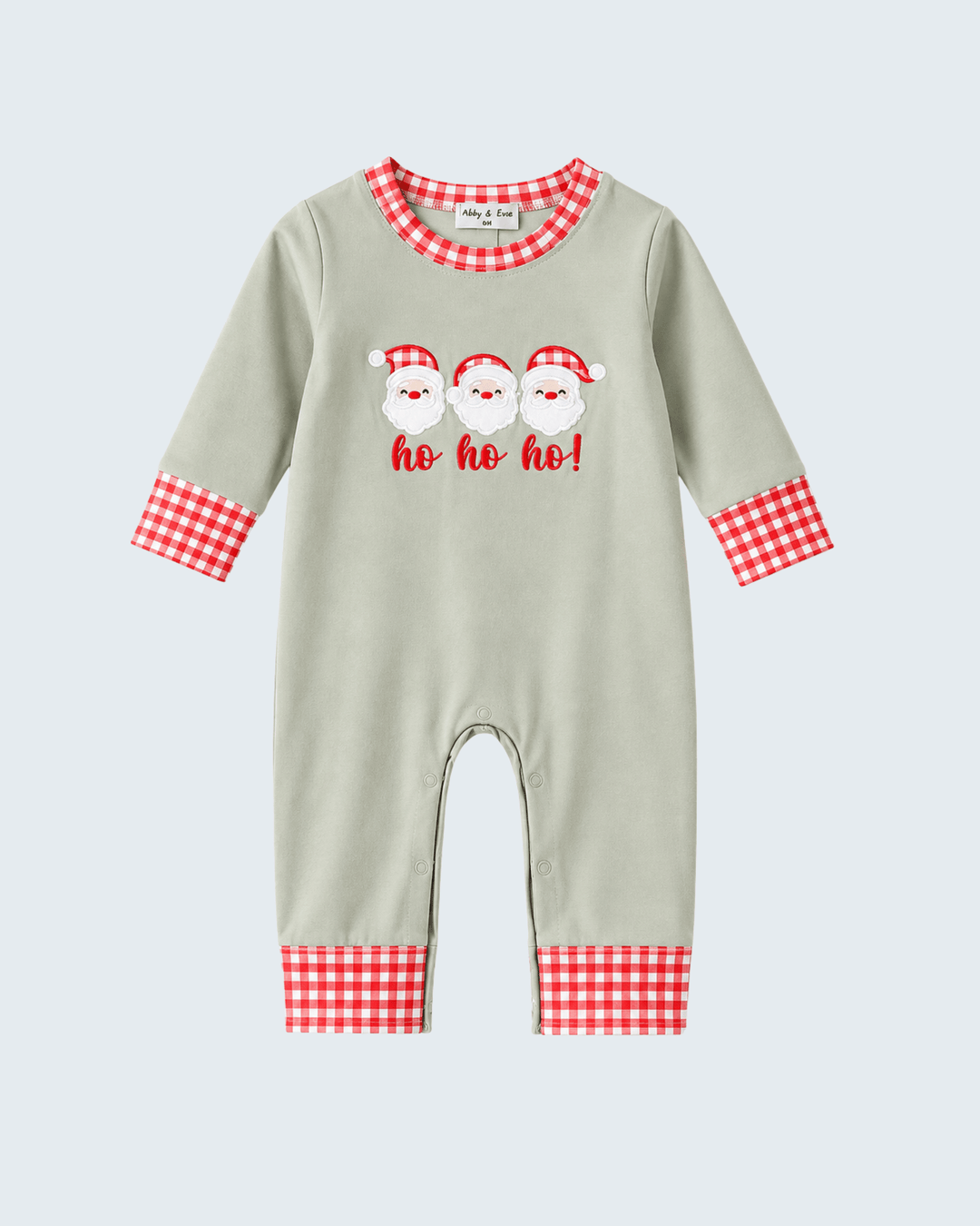 Sage green romper with red gingham trim and Santa appliqué