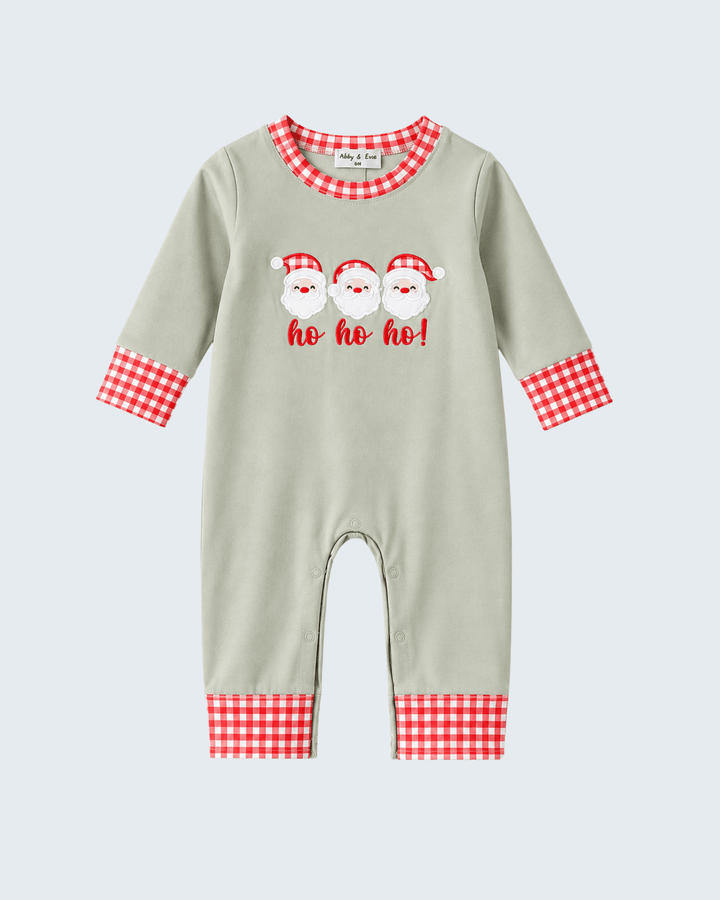 Sage green romper with red gingham trim and Santa appliqué