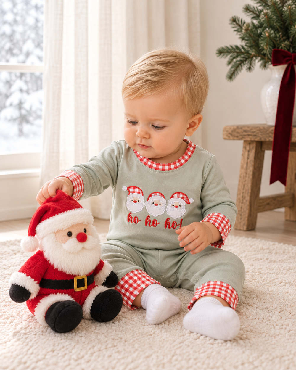 Sage gingham romper with Santa appliqué, red check trim, long sleeves and pants