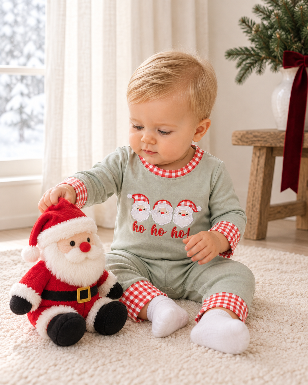 Sage gingham romper with Santa appliqué, red check trim, long sleeves and pants