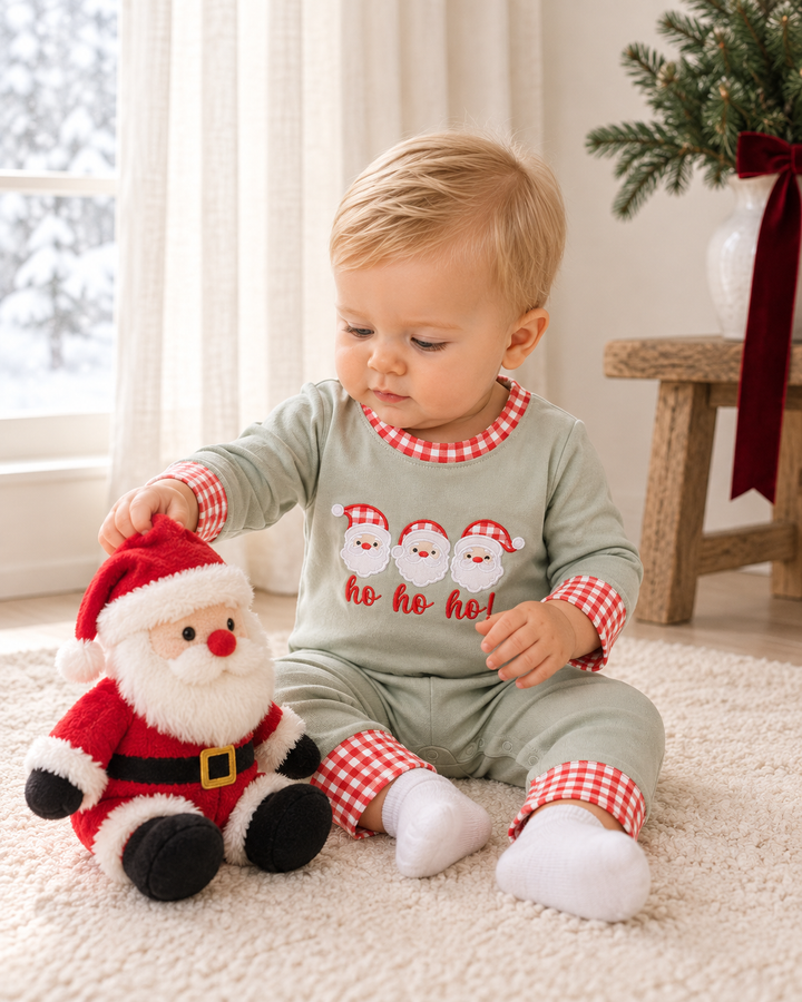 Sage gingham romper with Santa appliqué, red check trim, long sleeves and pants