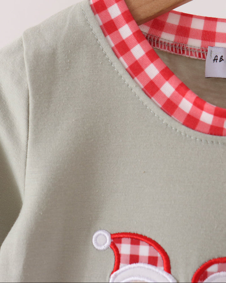 Sage romper with red gingham collar and Santa appliqué