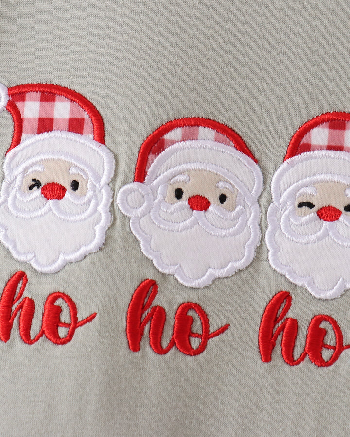 Sage gingham romper with Santa appliqué and ho ho embroidery