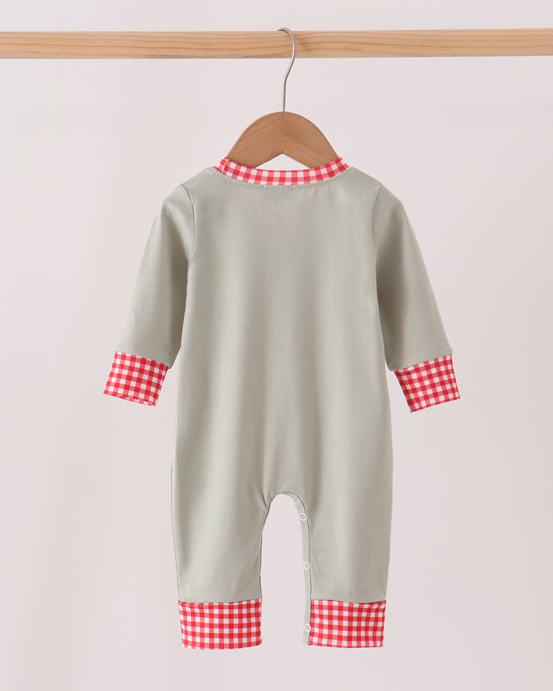 Sage green long-sleeve romper with red-and-white gingham cuffs and leg hems