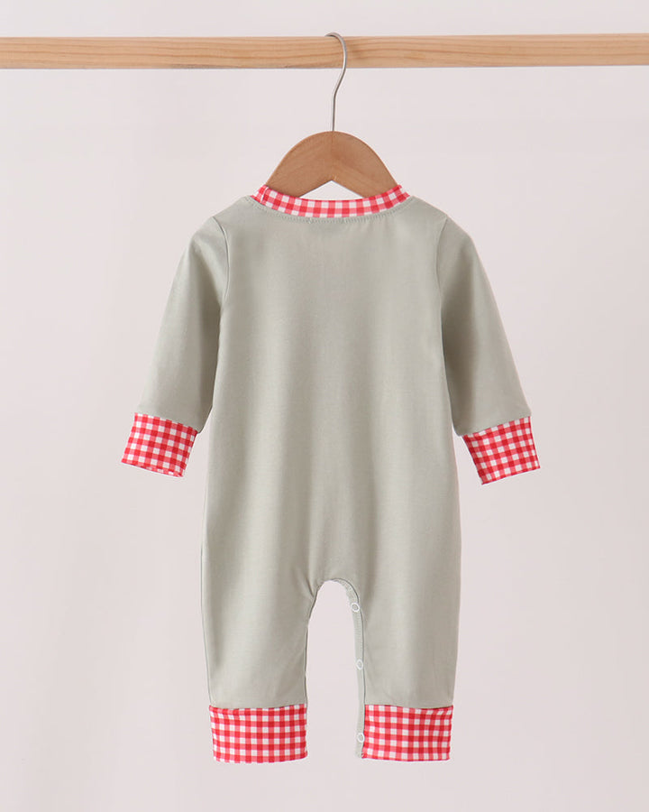Sage green long-sleeve romper with red-and-white gingham cuffs and leg hems