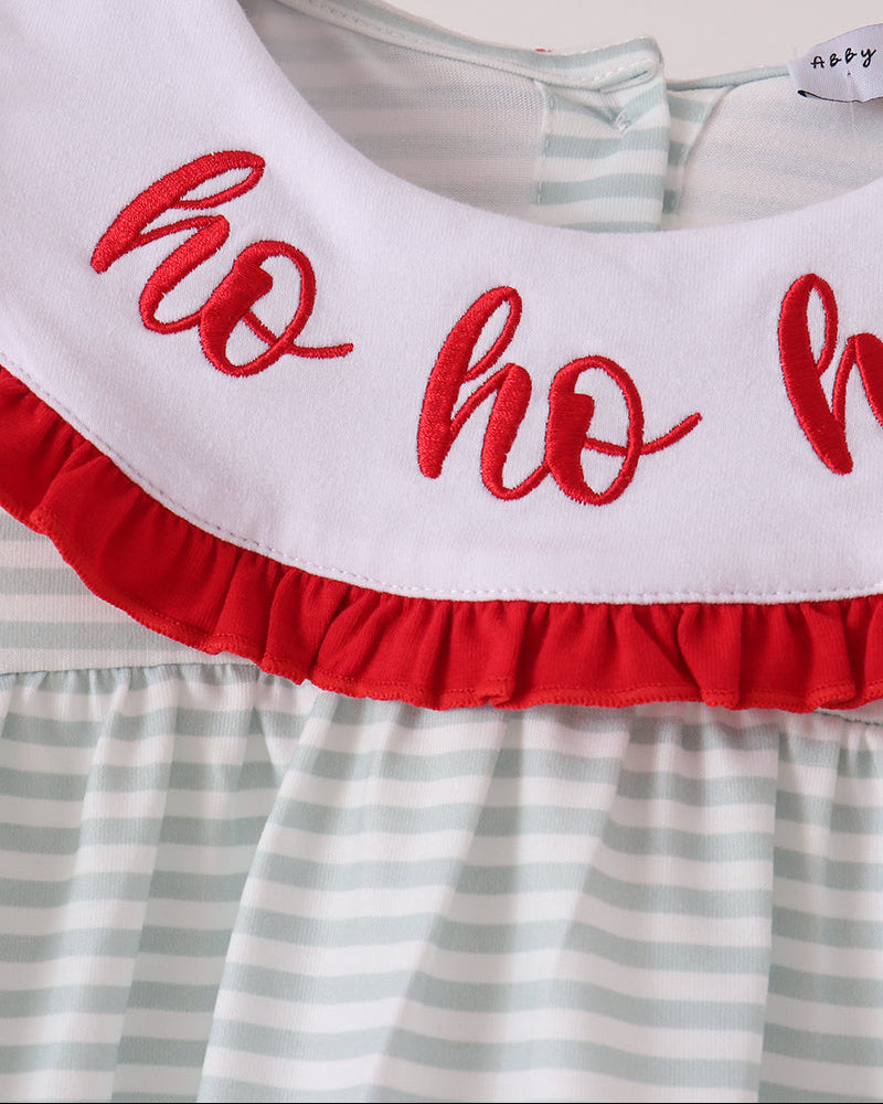Mint-and-white striped top with red ruffle collar and &