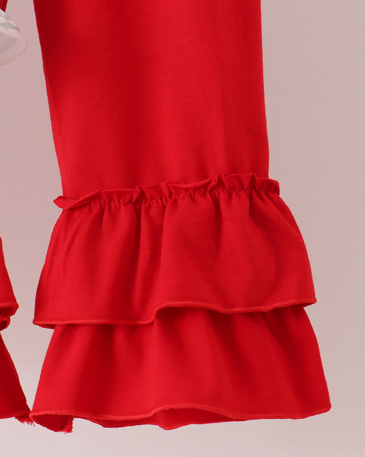 Red ruffle pants with tiered flounce hems