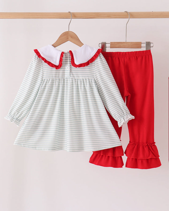 Two-piece set: mint striped long-sleeve top with red collar and red ruffle pants