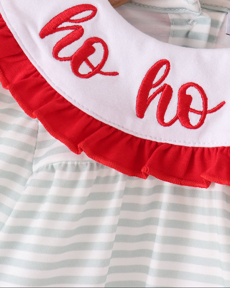Sage and white striped bloomer set with red embroidered ho ho bib and red ruffle