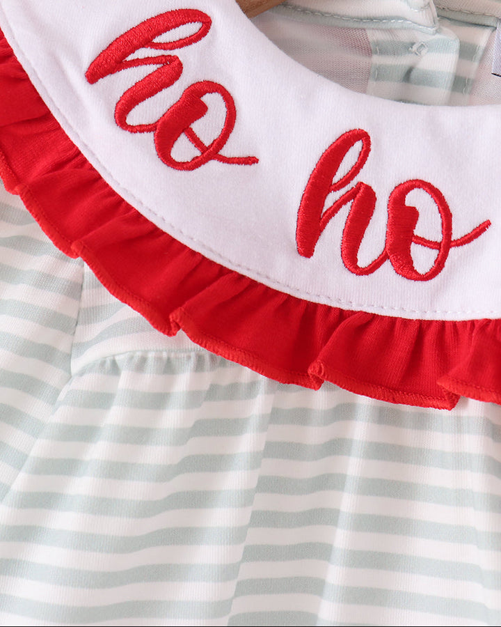 Sage and white striped bloomer set with red embroidered ho ho bib and red ruffle