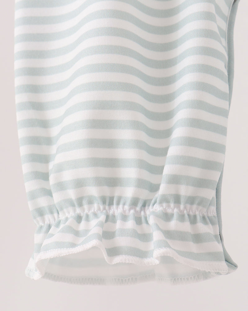 Striped baby romper with gathered waist and scalloped hem ruffle