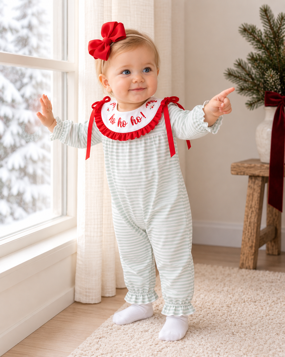 Baby wearing striped romper with red bows and ruffled Santa-style neckline