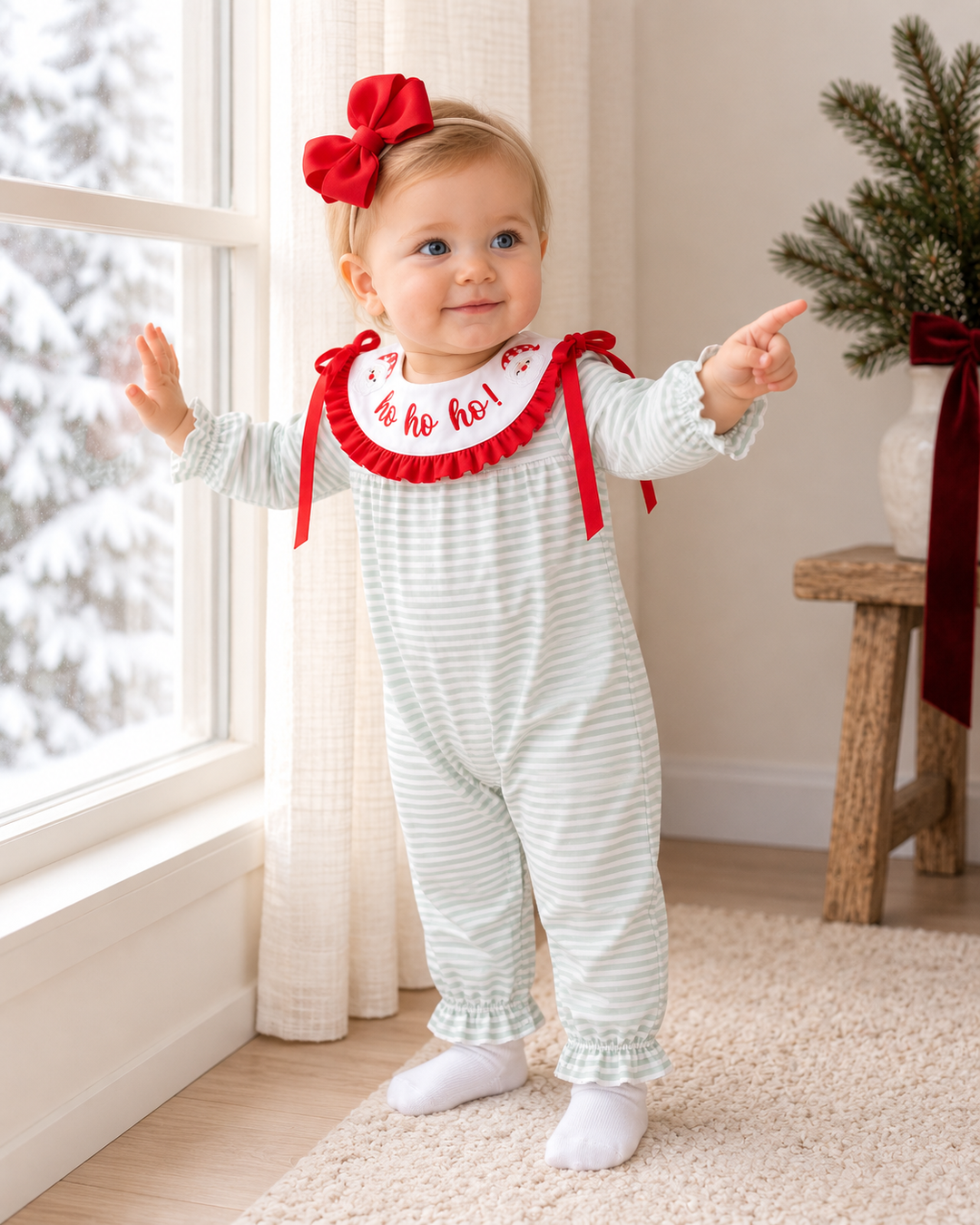 Baby wearing striped romper with red bows and ruffled Santa-style neckline