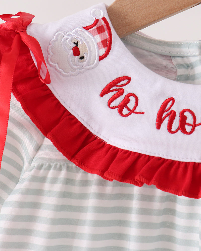 Striped romper with red ruffle collar, Santa applique, and &