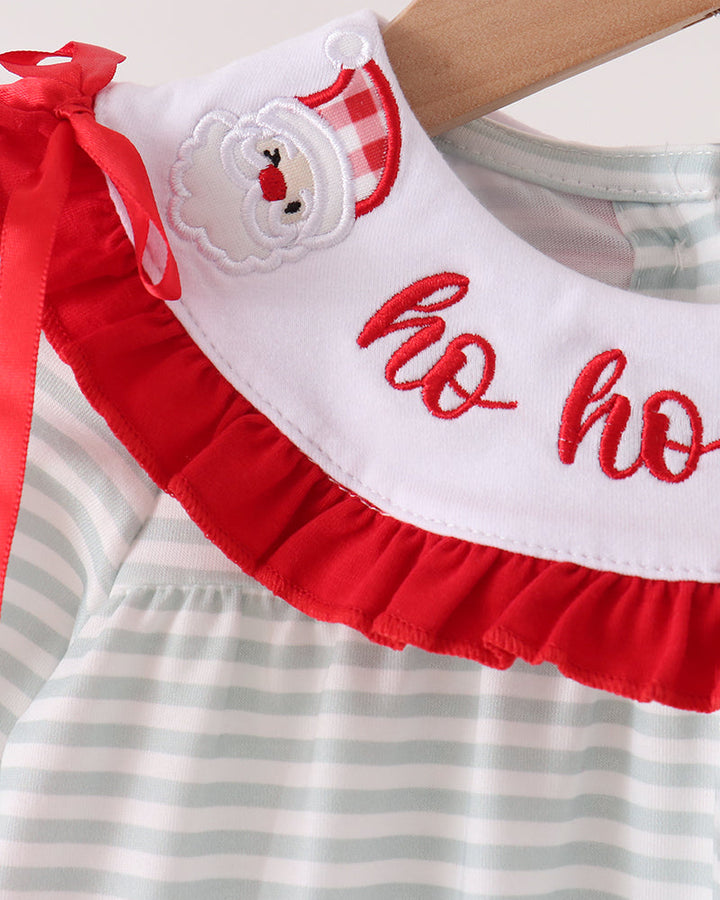 Striped romper with red ruffle collar, Santa applique, and &