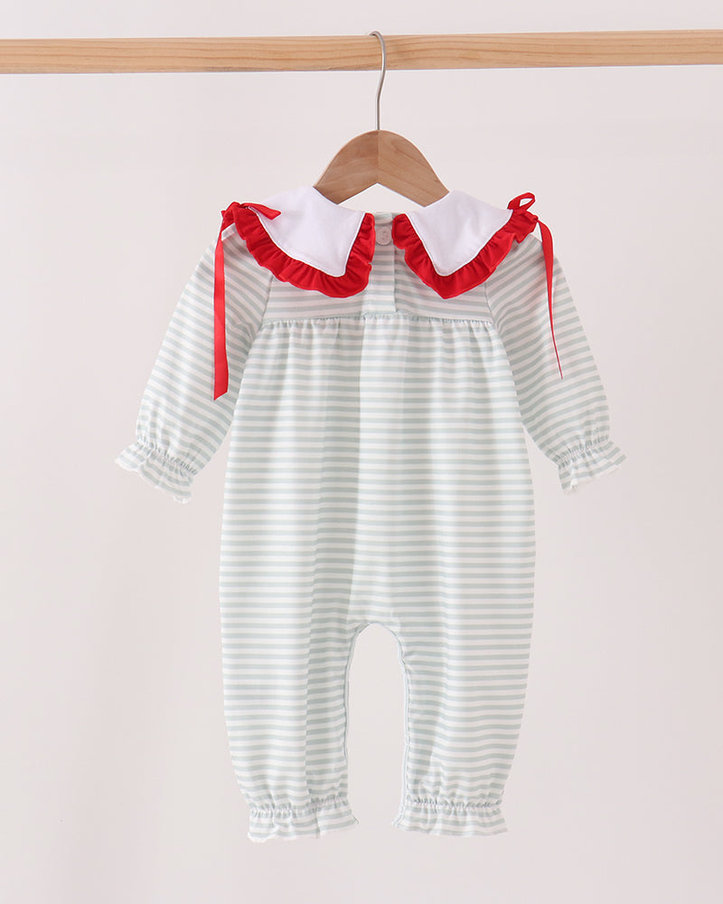 Striped baby romper with red bow straps and ruffled peter-pan collar