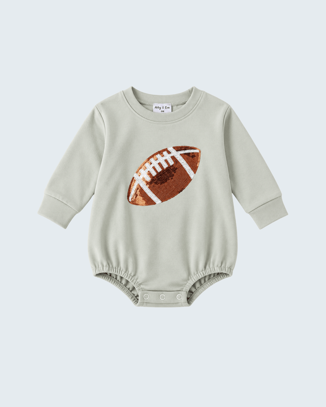 Sage green long-sleeve baby bodysuit with sequined football applique and snap closure