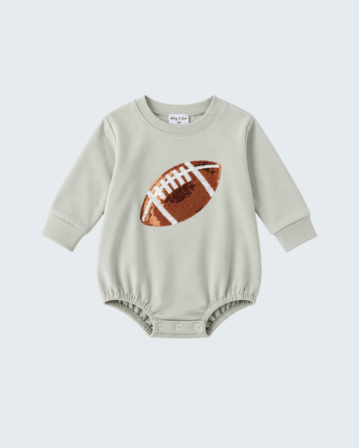 Sage green long-sleeve baby bodysuit with sequined football applique and snap closure