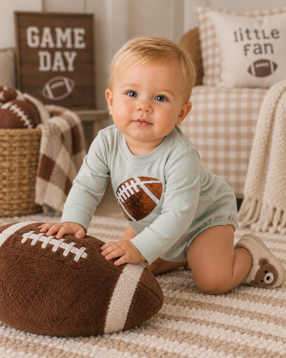 Baby bodysuit in sage green with sequined football patch on front
