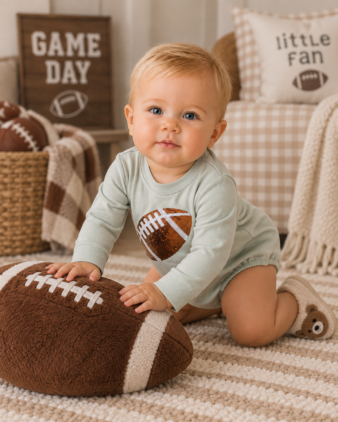 Baby bodysuit in sage green with sequined football patch on front