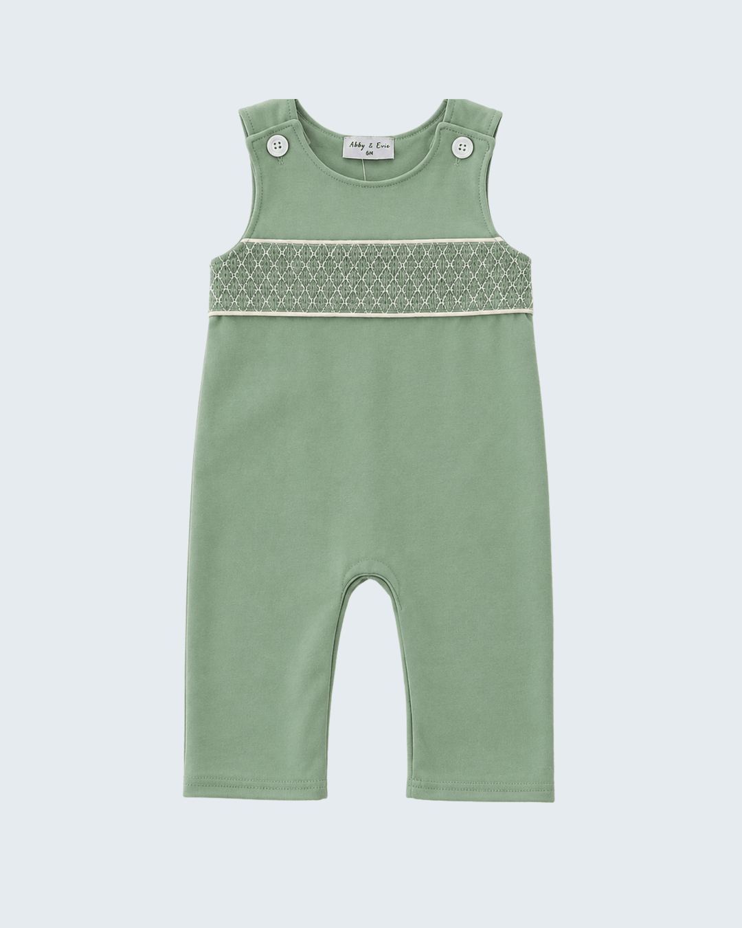 Sage green smocked sleeveless jon jon with snap button shoulder and wide legs