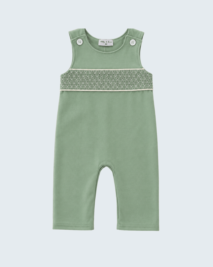 Sage green smocked sleeveless jon jon with snap button shoulder and wide legs