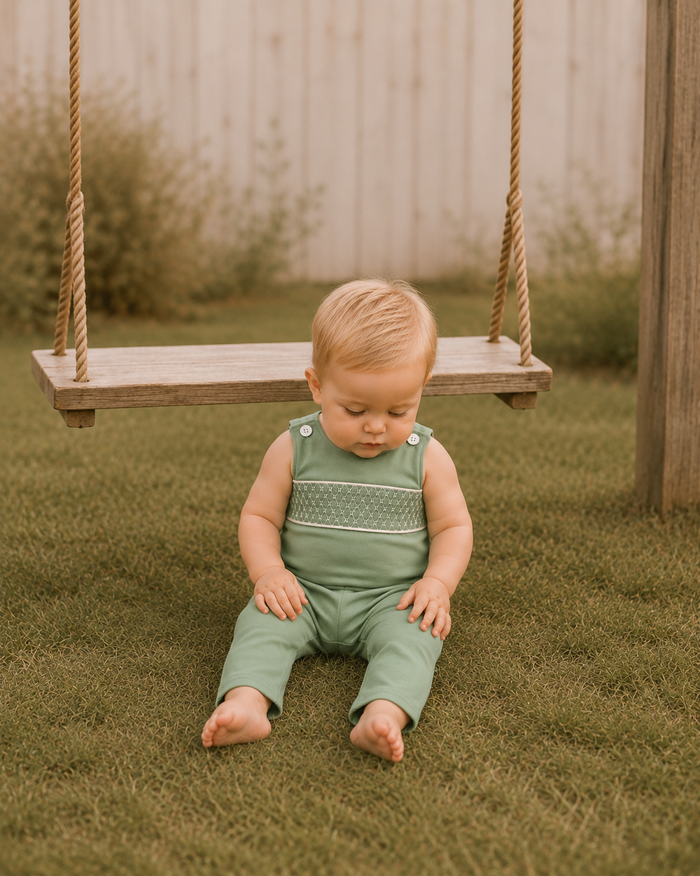 Sage green smocked jon jon with sleeveless romper and button straps