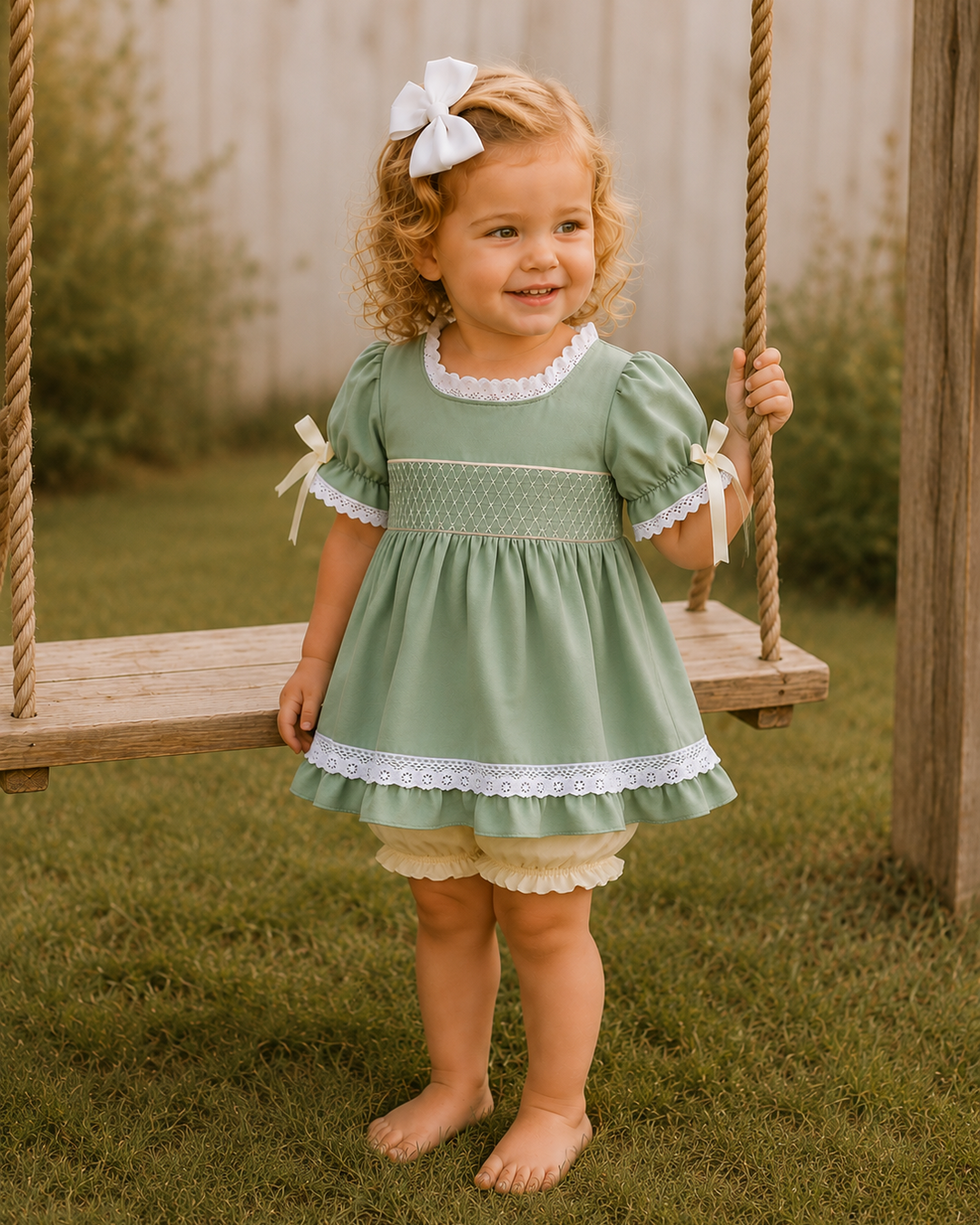 Child wearing sage green smocked lace dress with bow details and cream bloomers