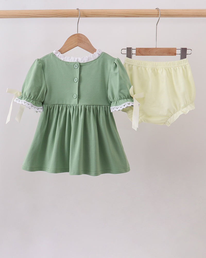 Sage green toddler dress with lace collar and button placket, plus matching bloomers