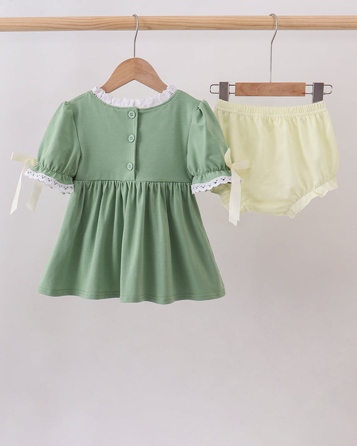Sage green toddler dress with lace collar and button placket, plus matching bloomers